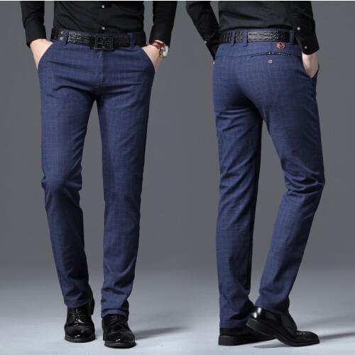 2020 New Mens Casual Plaid Pants Business Casual Slim Fit Black Blue Classic Style Elastic Trousers Male Brand Clothes