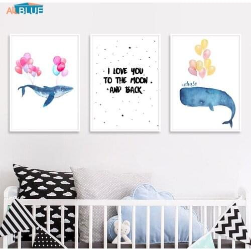 Pink Balloon Whale Cute Nursery Wall Art Canvas Painting Cartoon Posters and Prints Baby Animals Decorative Picture Kids Room
