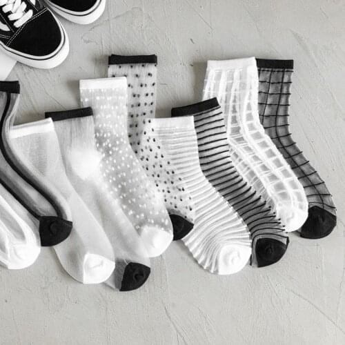 Jacquard Fashion Glass Cotton Silk Solid Color Womens Socks Transparent Thin Crystal Ladies Novelty Socks Black White Lattice