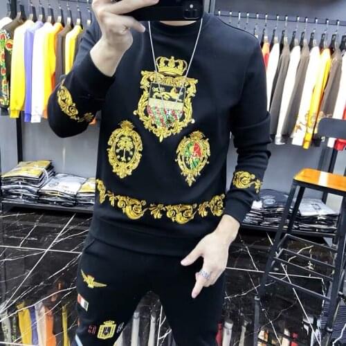 Autumn and winter new crown mens hooded pullover fashion beaded embroidered long-sleeved sweatshirt fashion hoodie