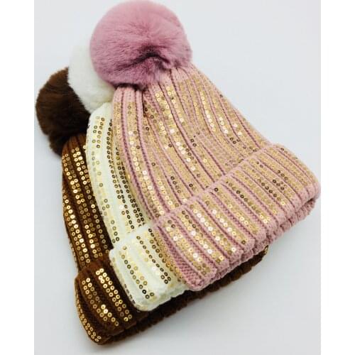 Women Gold Sequins Beanie Allover Solid Beanie Cap Girls Faux Fur Pompom Beanie Warm Winter Hat Sequins Hat Ribbed Pink Hat