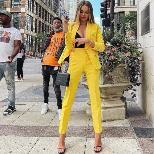 2021 Autumn Fashion Yellow Women Two Pieces Set Casual Slim Long Sleeve Buttons Blazer Suit & High Waist Skinny Pants 90103