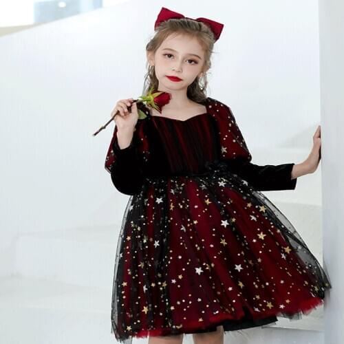 Flower Girl Dress Simple V-Neck Three Quarter Princess Knee-Length Tulle Sequined Luxury Burgundy Lace Pleat Kid Party Gown H169