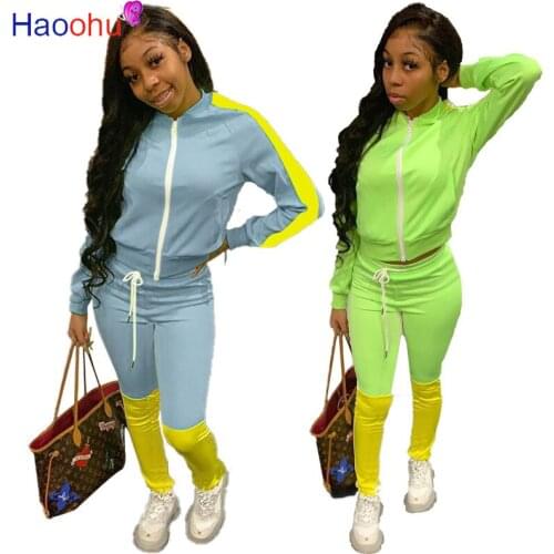 HAOOHU Contrast Color Sportswear Suit for Women Zipper Up Long Sleeve Top and High Waist Pencil Pant Fall Two Piece Outfit