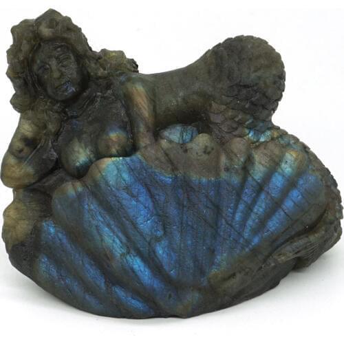 3.74" Natural Gemstone Labradorite Stone Mermaid Figurine Carved Crystal Healing Reiki Carved Statue Home Office Decoration