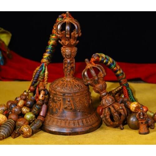 Tibet Buddhism Old Bronze Cinnabar for Old rattle Mahakala head statue Bells Buddha Pendant Vajra set Exorcism Town House