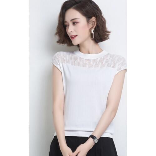 Women Blouse Summer Fashion Hollow Out Tops Elegant Knit Suit Short Sleeve Sweater Shirt Free Shipping