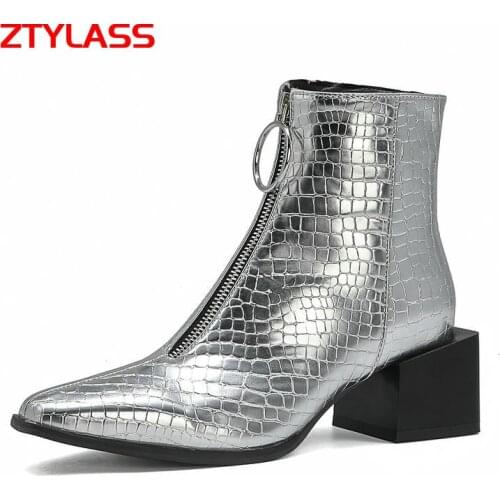 Square Toe Women Boots Snake Print Western Boots Fashion Zip Suqare Heel Ankle Boots Lady Metal decoration Autumn Winter Shoes