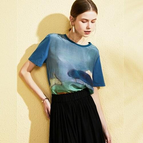 100% Silk Loose T-shirt Women High Quality Printed O Neck Short Sleeves Casual Basic Elegant Clothing Fashion