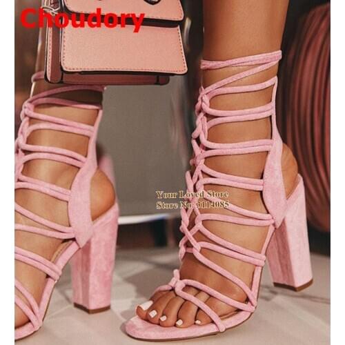 Choudory Women Elegant Suede Braided Chunky Heel Sandals Cross Strappy Lace-up Dress Shoes Caged Banquet Footwear Dropship
