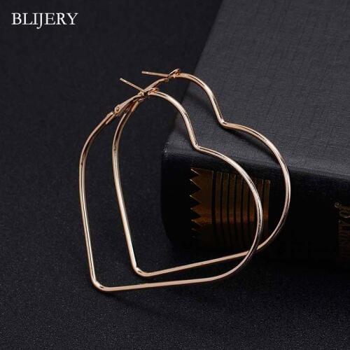 BLIJERY Cute Simple Hollow Heart Big Hoop Earrings for Women Gold Color Statement Earrings Femme Aros Punk Jewelry Gifts