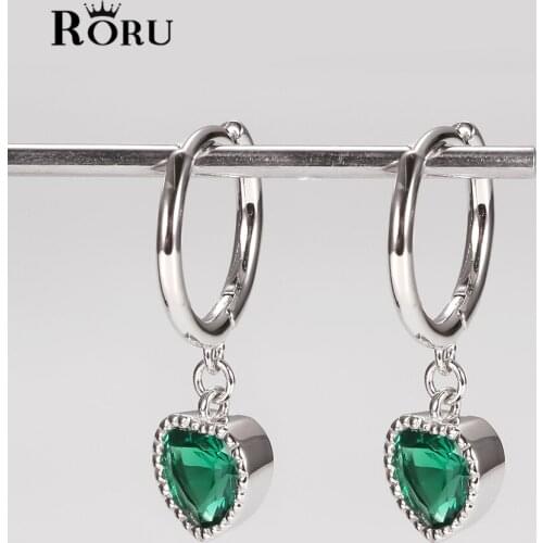 S925 Sterling Silver Green Rhinestone Heart-shape Hoop Earrings for Women Girls Zircon Pendant Charm Circle Earring Jewelry