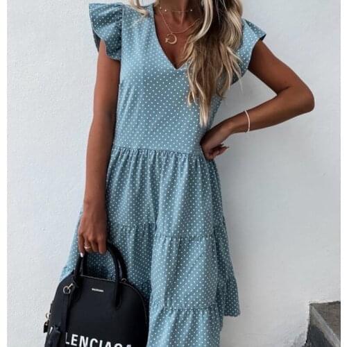 2021 Women New Summer Sundress Casual Ruffles Sleeves V-neck Dot Boho Party Vestidos Elegant Mini Dresses Fashion Vestidos