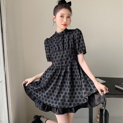 2021 Summer New Black Floral Stand Collar Cheongsam Puff Sleeve Mini Dress Women Vintage Elegant Sexy Party Night Club Dresses