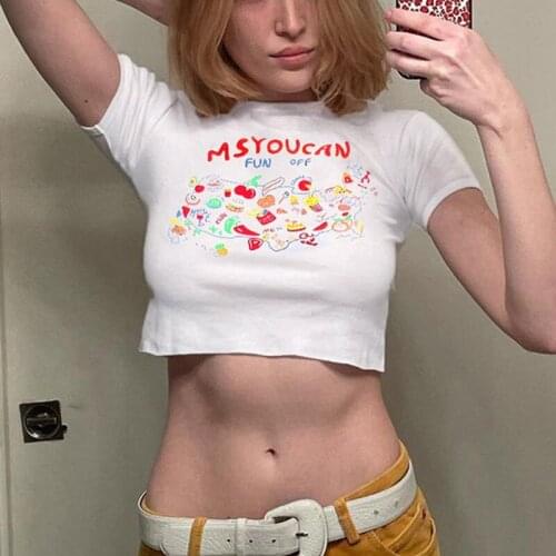 2000s Streetwear Cartoon Print White Baby Tees Y2K Aesthetics Letter O-neck Short Sleeve T-shirts Summer Cute Crop Top