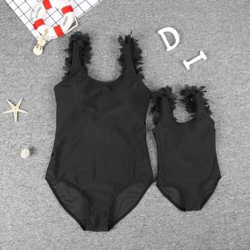 Black One-Piece Swimsuits 2020 Beach Flower Petal Shoulder Strap Parent-Child Swimwear Mom And Daughter Bathing Suit