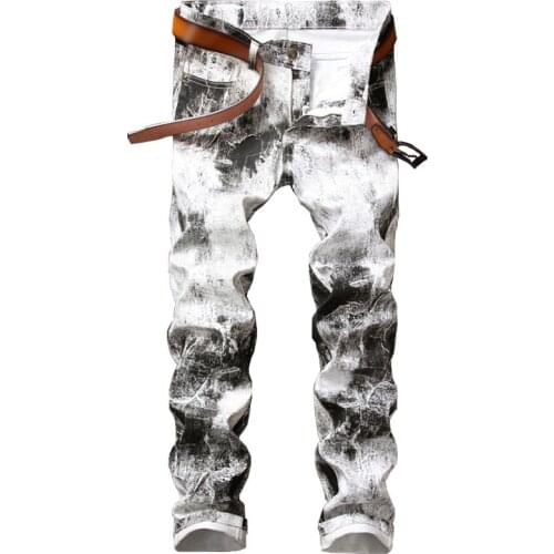 Newsosoo Designer 3D Printed Biker Jeans Men Slim Fit Denim Mens White Jeans Elastic Skinny Jeans Casual Men Clothing Punk Pants