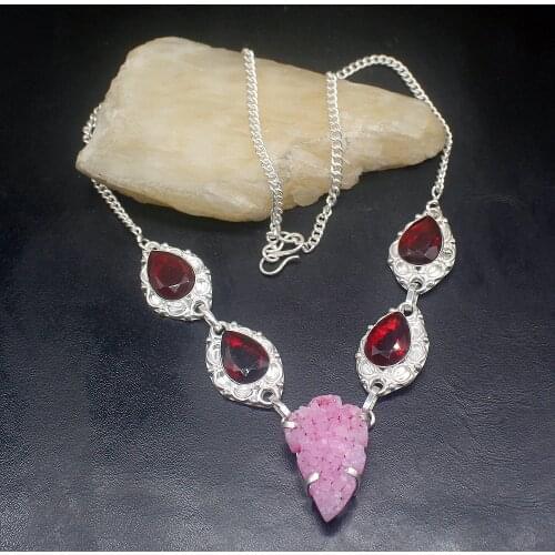 Gemstonefactory Jewelry Big Promotion 925 Silver Wedding Gifts Natural Druzy Red Garnet Women Chain Necklace 44cm 202101598