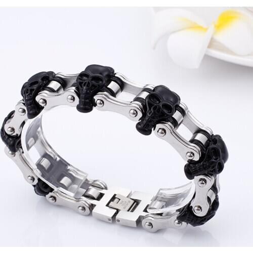 Gothic Mens 316L Stainless Steel Biker Black skeleton Skull Biker Motorcycle Chain Bracelet Bangle 15mm 8.5 inch heavy 134g