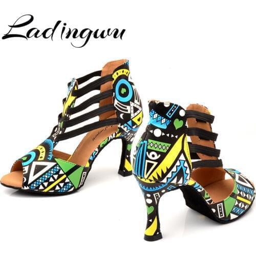 Ladingwu Brand Latin Dance Shoes Ladies Dance Boots Elastic band adjustment Ballroom Dance Shoes Blue African texture Shoes