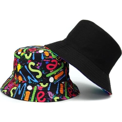 Men Double-sided Sun Hat Inner Black Bucket Caps Outer Graffiti Pattern Easy to Carry Outdoor Sports Fishing Beach