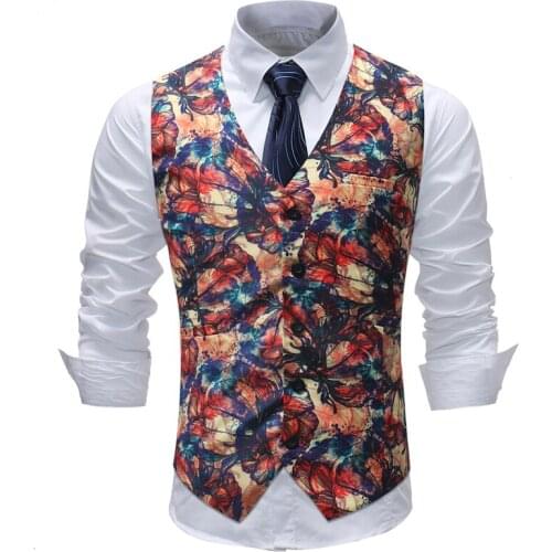 Mens Print Suit Vest Sleeveless Male Waistcoat Slim Fit Vest Waistcoat Business Wedding Classic Social Blazer Plus Size M-5XL