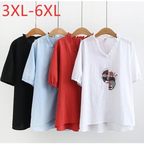 New 2021 Ladies Summer Plus Size Tops For Women Large Short Sleeve Loose Cotton White Embroidery V-neck T-Shirt 3XL 4XL 5XL 6XL