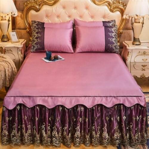 2021 New style lace edge ice silk bed mat luxury skirted bed cover 3pcs summer bedspreads air conditioning bed sheet bedskirt