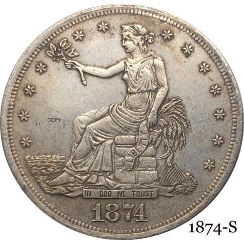 United States America 1874 S 1 Trade One Dollar US In God We Trust With Motto 420 Grains 900 Fine Silver Plated Copy Coin