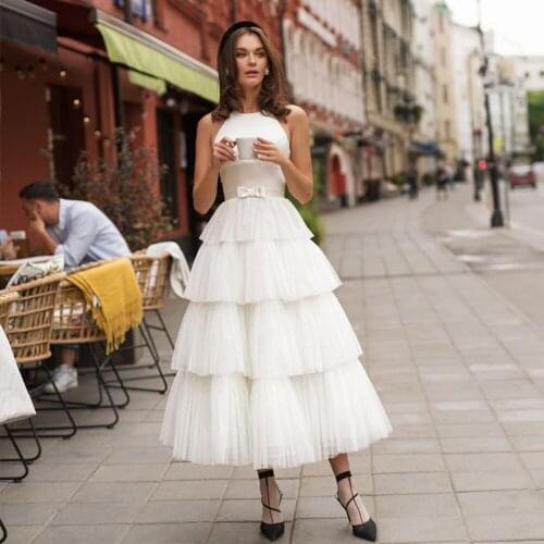 Tiered Skirt Tea-Length Bow White Wedding Dresses China Shop Online Vestido Elegante White Beach Wedding Gowns