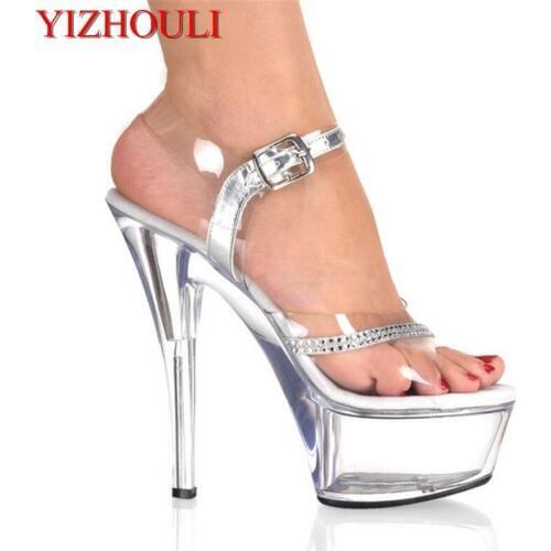 Summer crystal 15cm ultra thin sandals, womens 6-inch thin heels with rhinestones in the front, banquet stage sandals