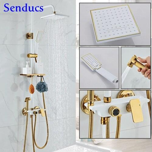 RoHS Smart Faucet White Gold Bathroom Shower System Wall Mounted Valve Thermostatic Mixer 3 Outlet Bathroom Shower Faucet Set