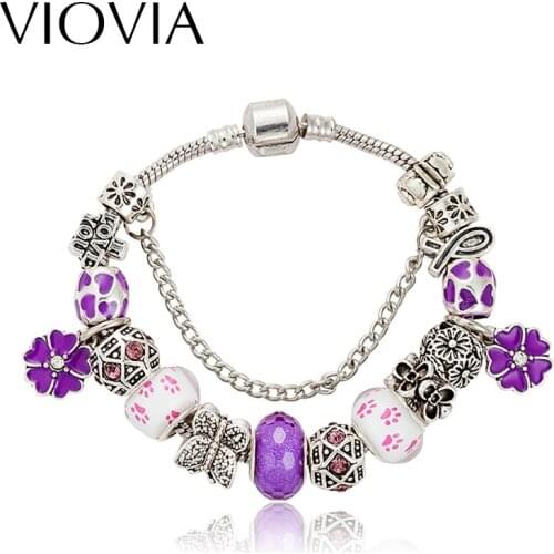 VIOVIA European Delighted Purple Beads Charm Bracelets Fashion Charm Bracelets Bangles For Women Jewelry Bracelet Femme B16012