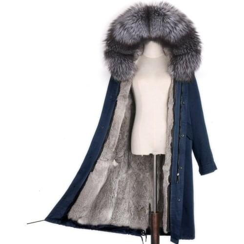 Women winter coat X-long waterproof jacket real rex rabbit fur liner casual natural raccoon fur collar hooded woman streetwear