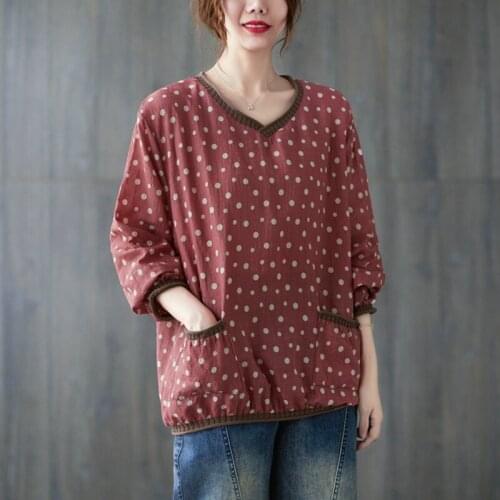 Women Long Sleeve Casual T-shirts New 2021 Autumn Vintage Style V-neck Polka Dot Print Loose Female Cotton Linen Tops Tees B1099