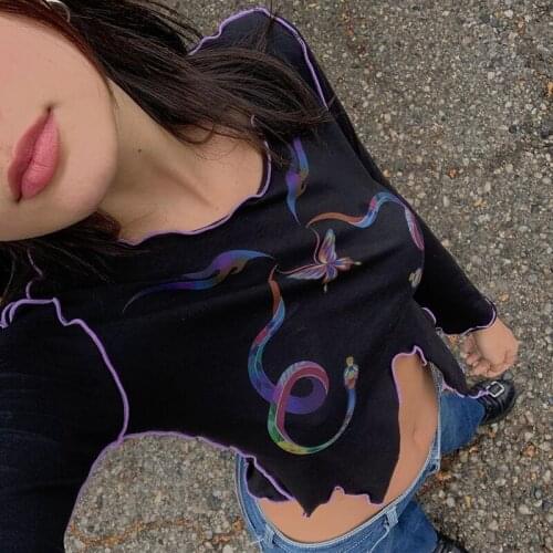 Ladies Round Neck Top Aesthetic 90s T-shirt Harajuku Print Retro Y2K Top Trumpet Sleeve Irregular Hem Butterfly Fungus Short Top