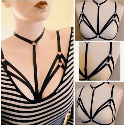 Women Sexy Goth Lingerie Elastic Harness Cage Bra Cupless Bondage Body Chain Belt
