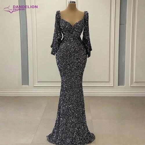 Middle East Sequins Evening Dress for Women 2021 Mermaid V Neck African Flared Sleeves Prom Party Gowns