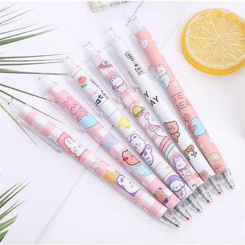 6Pcs/Set Cute Cartoon bear Retractable Gel Pen Black Ink Signature Writing Pen for Kids School Office Kawaii Stationery