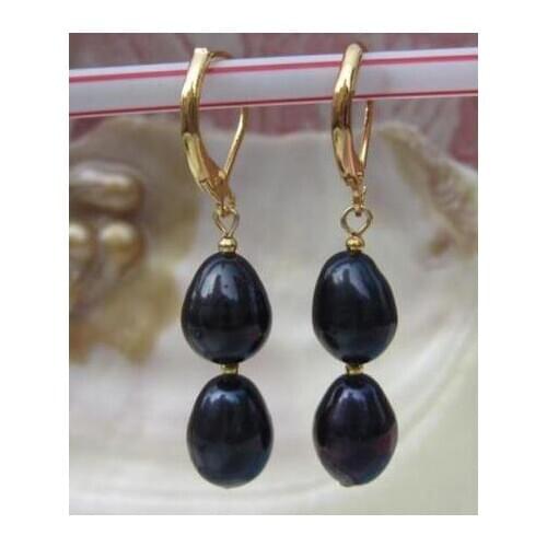 8mmX10mm Black Baroque Pearl Earrings 14K