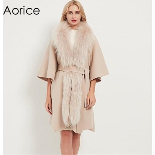 Aorice Women Real Fur Coat Jacket With Natural Raccoon Fur Collar Lady Female Girl Winter Blet X-long Trench Parka CT035
