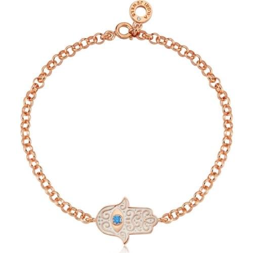 Valori Jewels Evil Eye White Hamsa, Zirconia Fancy Blue Gemstone, Rose Gold Plated, Sterling Silver Bracelet