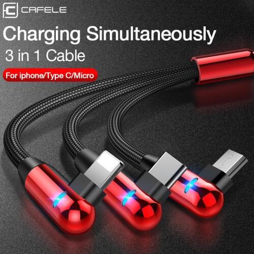 CAFELE 3 in 1 LED USB Cable for iPhone Xr X 8 7 plus L Bend Charge Cable For Huawei Samsung Xiaomi Charge wire for IOS 12 11 10