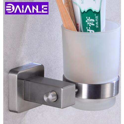 Cup Tumbler Holders Stainless Steel Bathroom Toothbrush Holder Cup Glass Wall Mounted Bathroom Accessories Toothbrush Holder Set