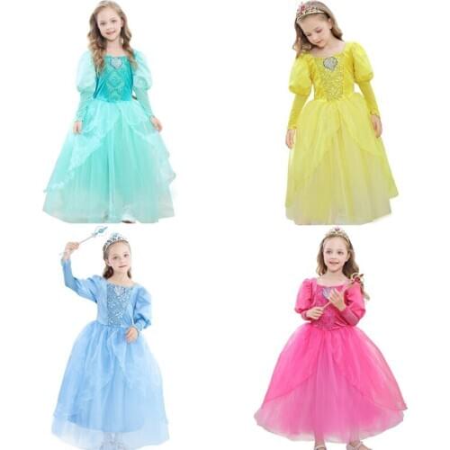 Girls Little Mermaid Princess Ariel Dress Up Dresses Kids Fancy Frock Role Playing Costume Birthday Party Wedding Flower Girl