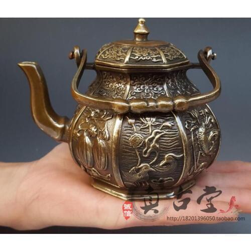 Plant Pattern Feng Shui Brass Teapot Copper Tea Pot Longevity Home Decoration