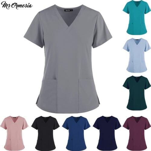 Women Breathable and Cool Nursing Scrubs Top T Shirt Casual Short Sleeve Women Scrubs Uniforms Nurse V-neck Pocket Women Clothes