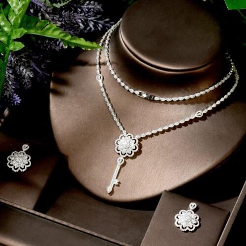 HIBRIDE Long Necklace Earring Set 2pcs Cubic Zirconia Flower Design Jewelry Set for Women Party Accessories Bihoux Femme N-1765