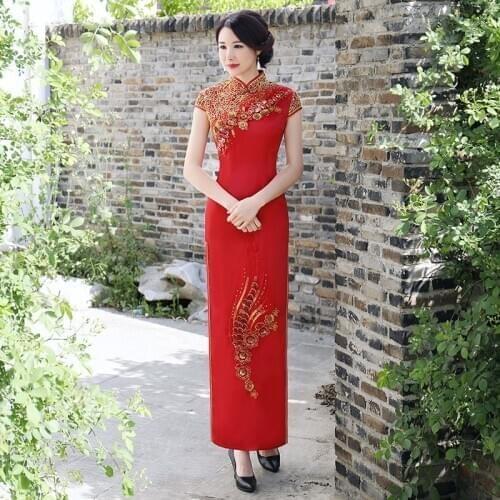 Plus Size 4XL 5XL Chinese Embroider Qipao Classic Women Satin Cheongsam Oriental Bride Wedding Dress 2020 New Evening Party Gown