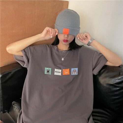 Summer college style applique embroidery half-sleeved mid-length loose cotton T-shirt all-match casual women